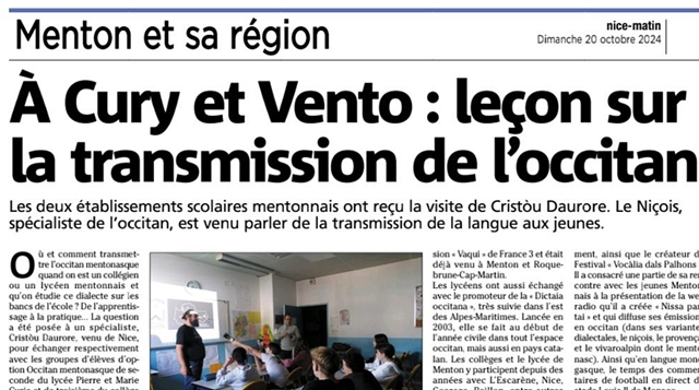 Vue partielle de l'article de Nice Matin. Féclicitations à nos confrères pour cette mise en valeur du travail des profs d'occitan !