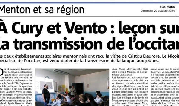 Vue partielle de l'article de Nice Matin. Féclicitations à nos confrères pour cette mise en valeur du travail des profs d'occitan ! 